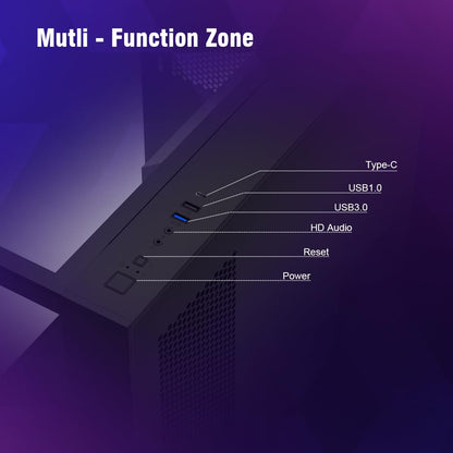 RUIX OV403 ATX Mid-Tower PC Case, Pre-Installed 4 x 120mm Prism ARGB PWM Fans and Graphics Card Holder, Three-Sided Tempered Glass Panels, USB 3.0 & Type-C Ports, Gaming Computer Case - Black