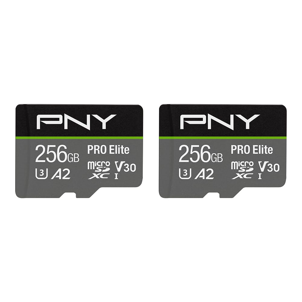 PNY 256GB PRO Elite™ Class 10 U3 V30 A2 microSDXC Flash-Speicherkarte 2er-Pack – Lesegeschwindigkeit bis zu 100 MB/s, Schreibgeschwindigkeit bis zu 90 MB/s, 4K UHD, Full HD, UHS-I, professionelle Leistung, Smartphones, Action-Kameras