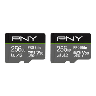 PNY 256GB PRO Elite™ Class 10 U3 V30 A2 microSDXC Flash-Speicherkarte 2er-Pack – Lesegeschwindigkeit bis zu 100 MB/s, Schreibgeschwindigkeit bis zu 90 MB/s, 4K UHD, Full HD, UHS-I, professionelle Leistung, Smartphones, Action-Kameras