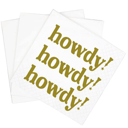 SharkBliss Howdy Cocktail Napkins, 100 Pack Howdy Paper Cocktail Napkins for Western Cowgirl Disco Last Rodeo Nashville Bachelorette Bridal Shower Table Decor | 2-Ply, 5x5" (Gold)
