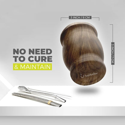 BALIBETOV Edelstahl-Doppelwand-Mate-Becher- und Bombilla-Set – Yerba-Mate-Set beinhaltet einen Yerba-Mate-Becher, 2 Bombillas Mate (Strohhalm) und eine Bürste – leicht zu reinigen (Holz) 