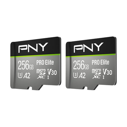 PNY 256GB PRO Elite™ Class 10 U3 V30 A2 microSDXC Flash-Speicherkarte 2er-Pack – Lesegeschwindigkeit bis zu 100 MB/s, Schreibgeschwindigkeit bis zu 90 MB/s, 4K UHD, Full HD, UHS-I, professionelle Leistung, Smartphones, Action-Kameras