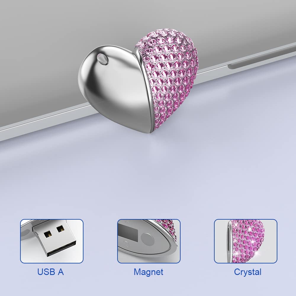 RAOYI 64 GB Herzförmiger USB 2.0-Stick, Kristall-Speicherstick, USB-Stick, USB-Stick, Jump-Drive, Schmuckanhänger mit Schlüsselanhänger – Rosa