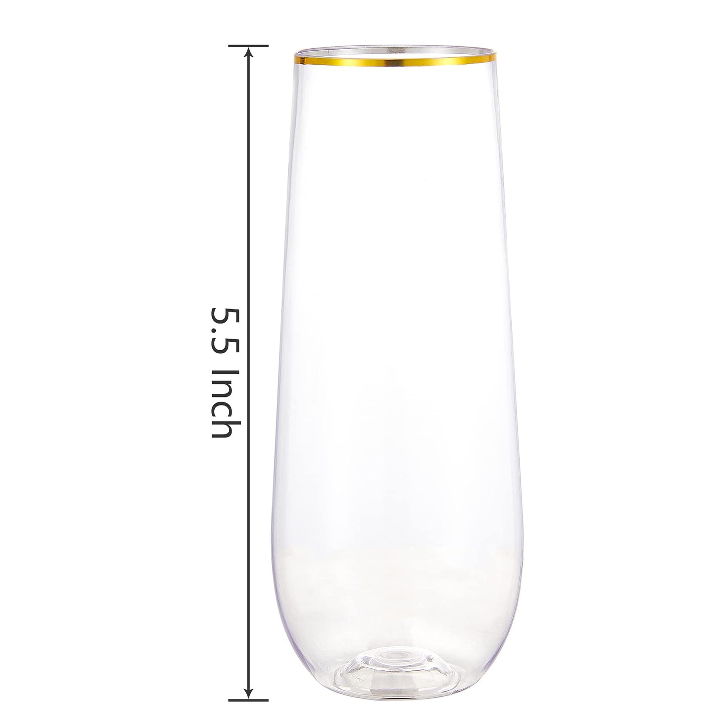 N9R 12PCS Plastic Champagne Flutes, 9 oz Stemless Disposable Gold Rim Toasting Glasses, Crystal Clear Cocktail Cups Drinkware Shatterproof Ideal for Party Wedding Birthday