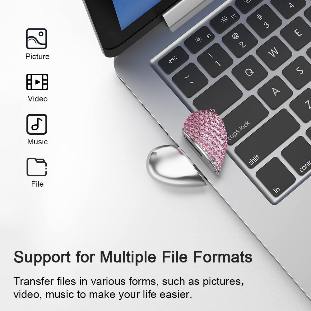 RAOYI 64 GB Herzförmiger USB 2.0-Stick, Kristall-Speicherstick, USB-Stick, USB-Stick, Jump-Drive, Schmuckanhänger mit Schlüsselanhänger – Rosa