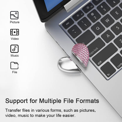 RAOYI 64 GB Herzförmiger USB 2.0-Stick, Kristall-Speicherstick, USB-Stick, USB-Stick, Jump-Drive, Schmuckanhänger mit Schlüsselanhänger – Rosa