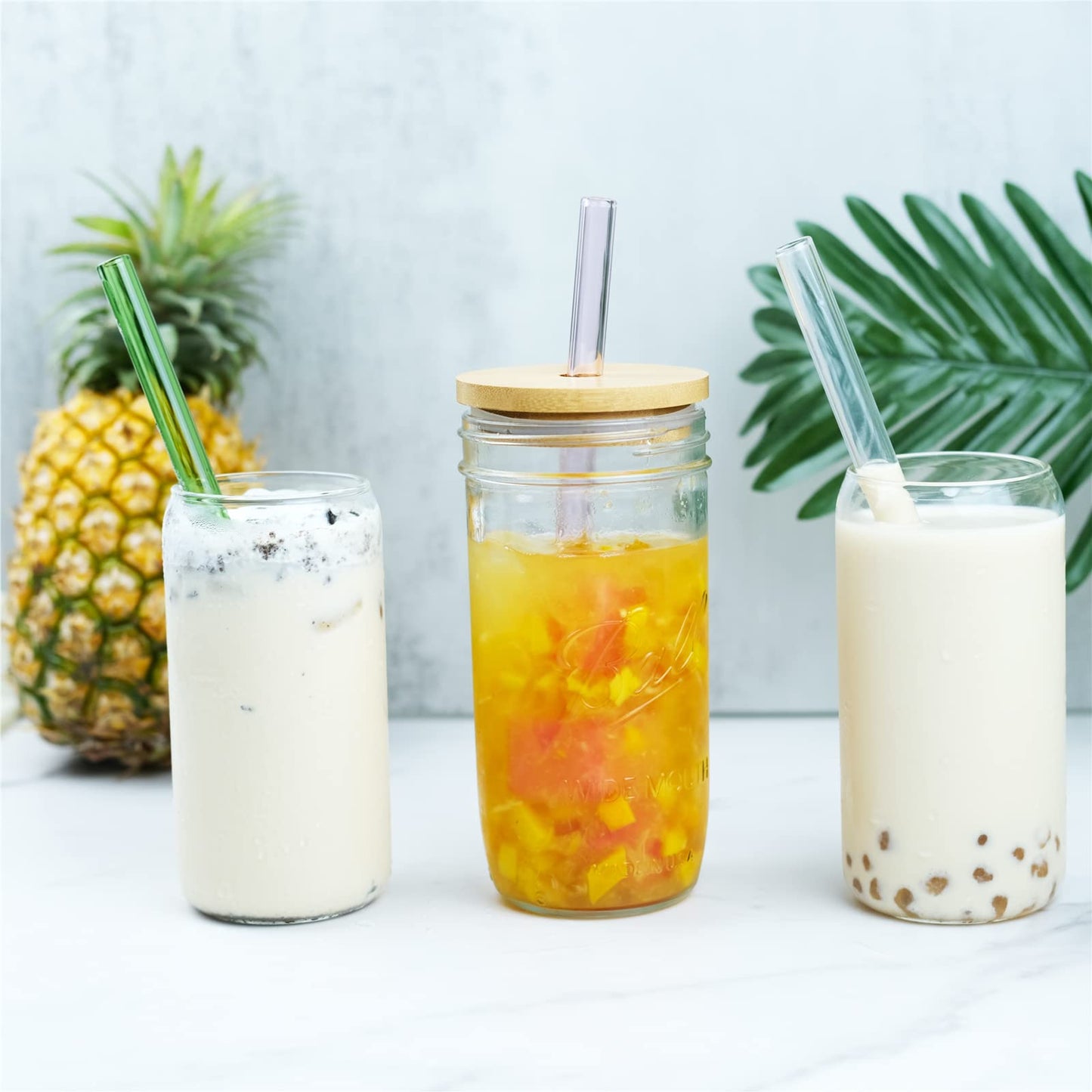 RENYIH 10 wiederverwendbare Glas-Smoothie-Strohhalme, 9'' x 12 mm Glas-Trinkhalme für Milchshakes, Tee, Saft, Set mit 5 geraden und 5 gebogenen Strohhalmen mit 2 Reinigungsbürsten - Spülmaschinenfest (Bunt)