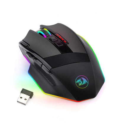Redragon M801 Kabellose Gaming-Maus, RGB-Beleuchtung, 9 programmierbare Makro-Tasten, bis zu 16.000 DPI einstellbar, Schnellfeuertaste für Spiele, Windows, PC – Kabellos, Schwarz