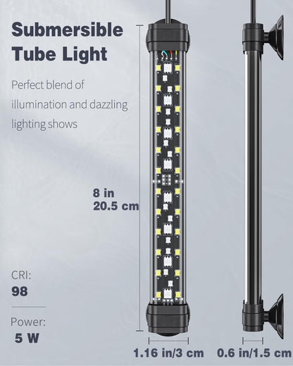 Pawfly 5 W Aquarium-LED-Leuchte 8 Zoll, 24/7-Aquarienbeleuchtung mit Vollspektrum, brillanten weißen, blauen, roten und grünen Lichtern, mehrfarbigen LEDs mit Tag/Nacht-Modus, Einzelfarbeffekten, Timer und einstellbarer Helligkeit
