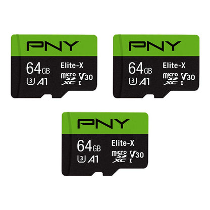 PNY 64 GB Elite-X Class 10 U3 V30 microSDXC-Speicherkarte, 3 Stück (1 Packung) – 100 MB/s, Klasse 10, U3, V30, A1, 4K UHD, Full HD, UHS-I, Micro SD