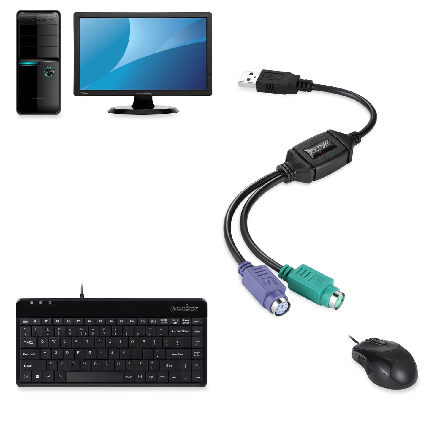 Perixx PERIPRO-401 PS2 to USB Adapter for Keyboard and Mouse - Built-in USB Controller - Black