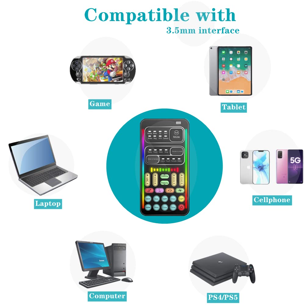 Tragbarer Stimmverzerrer, i9 Live-Soundkarte der 2. Generation, Soundboard mit cooler Beleuchtung – Stimmverfremder/Stimmmodulator für PS4/PS5/Xbox One/PC/Smartphone/Laptops mit einstellbaren Stimmfunktionen