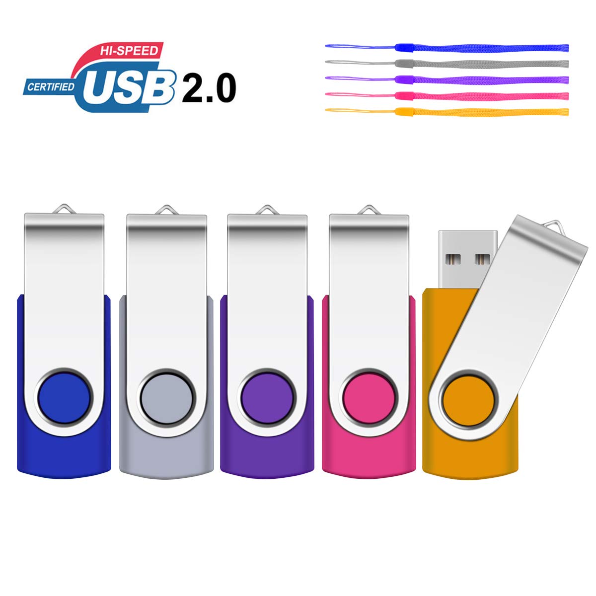 SRVR 64GB USB Flash Drive, USB 64 GB Thumb Drives 5 Pack, Jump Drive with Lanyards Metal Swivel USB Memory Stick with LED Indicator(5 Colors)