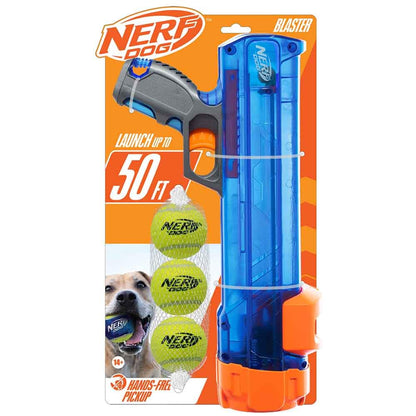 Nerf Dog Tennis Ball Blaster Dog Toy Gift Set, Tennis Ball Dog Fetch Toy Launches up to 50 ft, Dog Ball Thrower for All Breeds Includes Translucent Blue Tennis Ball Launcher and 3 Dog Tennis Balls