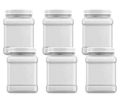 Mountain West Company 64 fl oz Square Clear Jar with Pinch Handle, 6 Count, Pantry Organization & Storage, Plastic Container with Lid