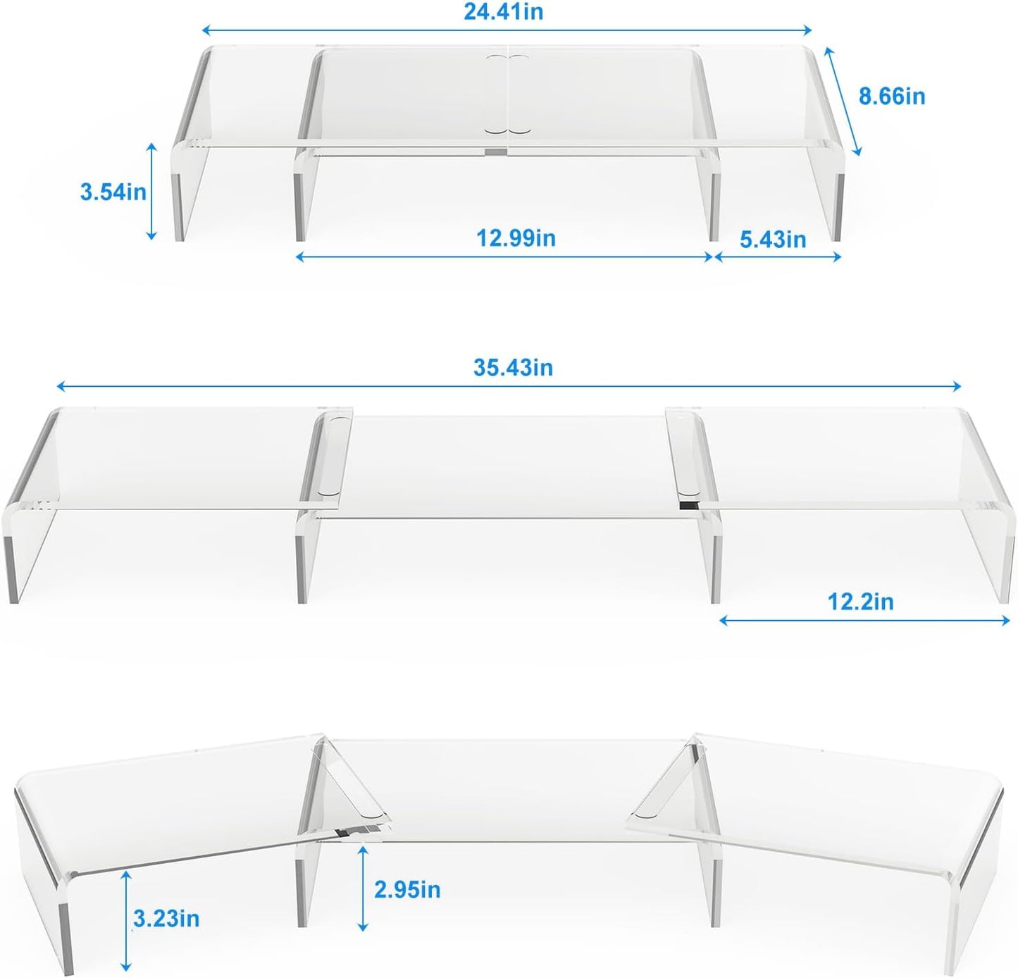 X-cosrack Clear Acrylic Monitor Stand Riser, 3 Shelves Adjustable Dual Monitor Stand with Anti-Slip Mat, Premium Desk Organizer for Home Office, Laptops, PCs, Printers, TVs