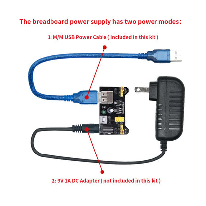 REXQualis Elektronik-Baukasten mit Netzteilmodul, Jumperkabel, Steckbrett mit 830 Steckpunkten, Präzisionspotentiometer und Widerstand. Kompatibel mit Arduino, Raspberry Pi und STM32.