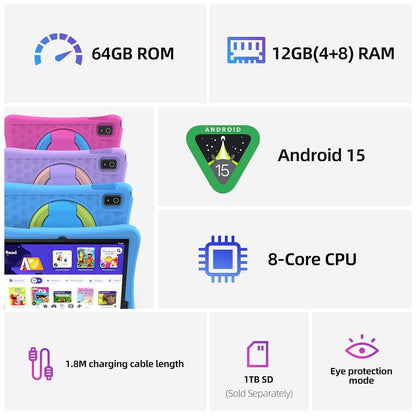 plimpton 2025 Upgraded Kids Tablet, 10 Inch Android 15 Tablet for Kids with Case Included, Octa-Core, Google Kids Space, Parental Control, 4GB+64GB, WiFi, BT5.3, YouTube, Great Gift for Toddler