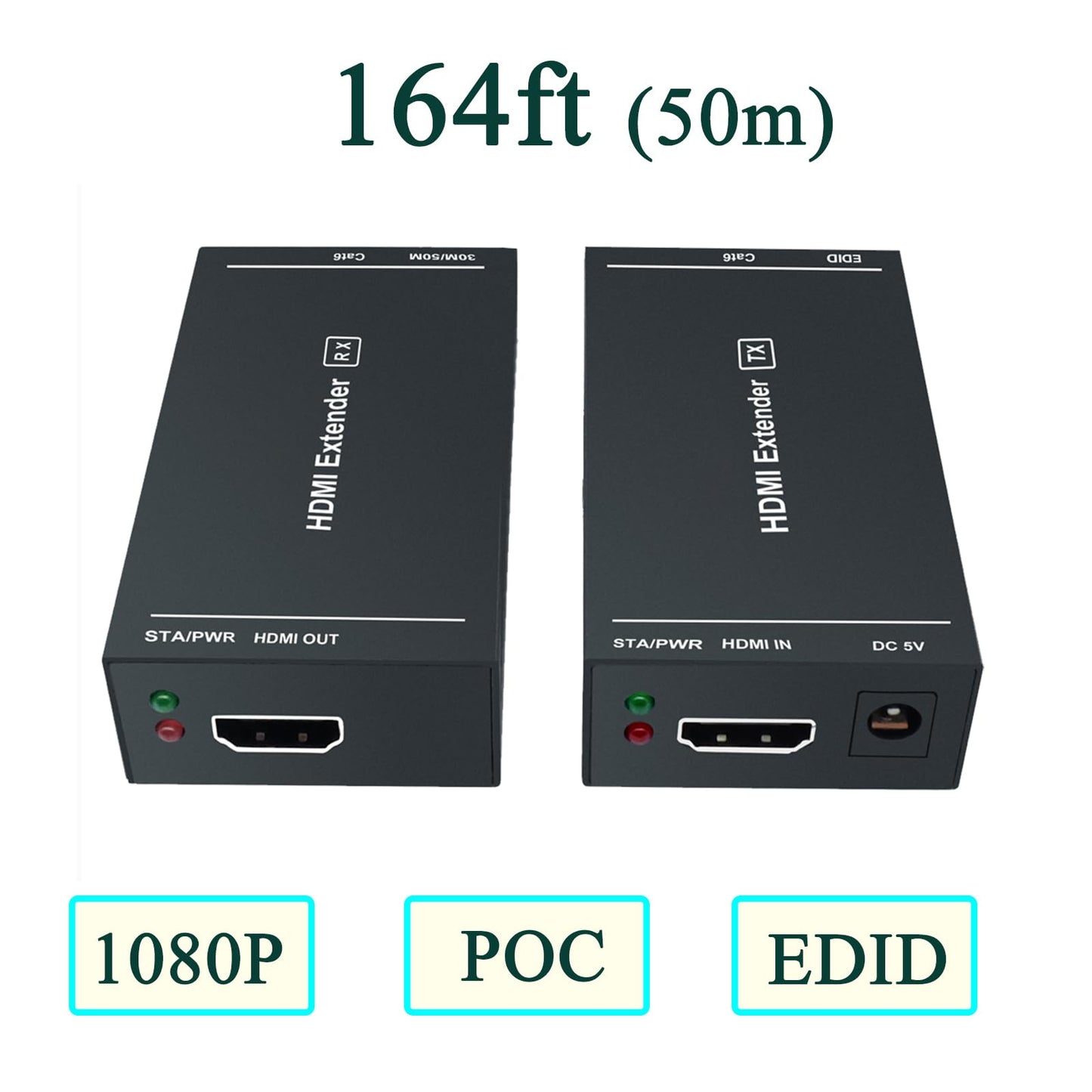 Steetek HDMI Extender 1080p@60Hz, 3D, Over Single Cat5e/Cat6/Cat 7 Cable Full HD Uncompressed Transmit Up to 164 Ft(50m), EDID and POC Function Supported (Transmitter and Receiver)