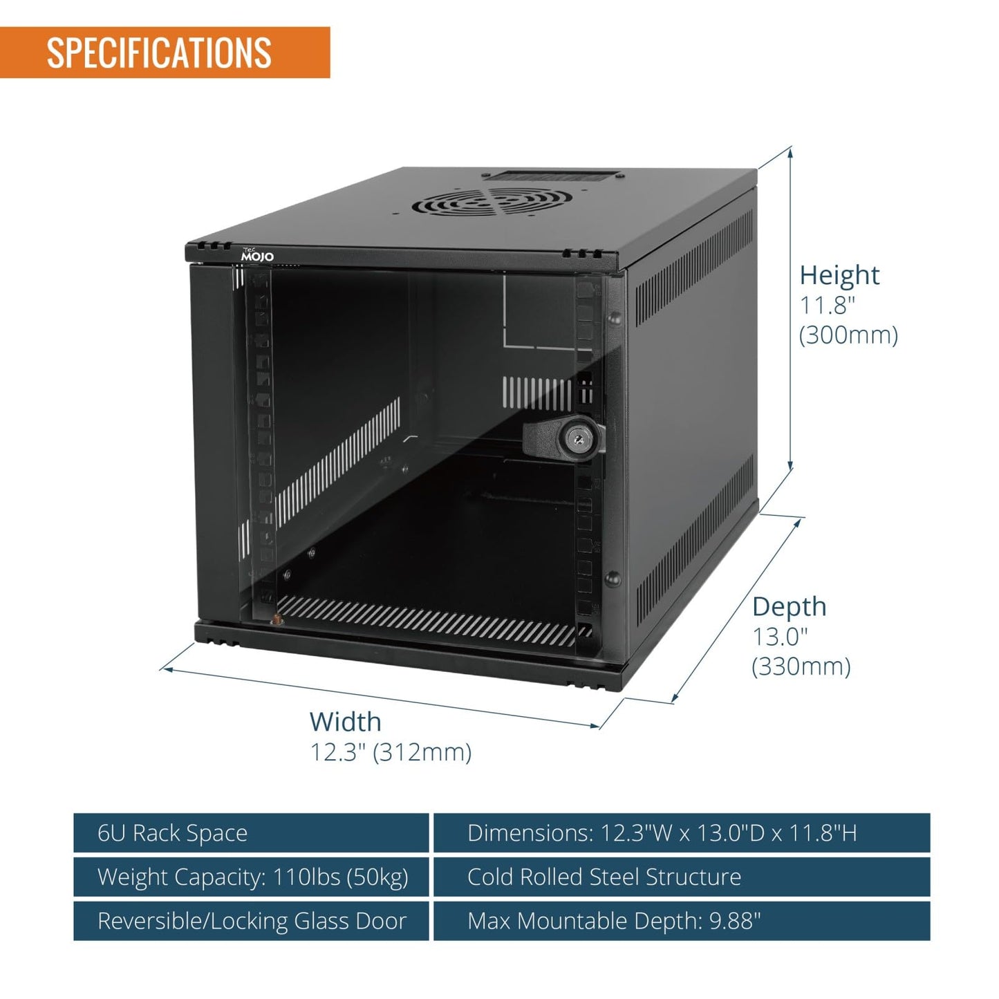 Tecmojo 6U 10-Zoll-Rack, Wandmontage-Netzwerkschrank-Set, 12,3 B x 13 T x 11,8 H Zoll – Tragfähigkeit 50 kg, Schwarzes 10-Zoll-Wandgehäuse-Server-Rack-Set