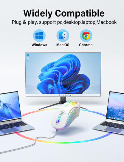 ONITOON Wired USB Mouse, Computer Mouse with RGB Lighting, 4 Adjustable DPI, Ergonomic Optical Office Mouse, 7 Buttons Corded Mice for Window/PC/Laptop/Desktop/Mac/Chromebook, White