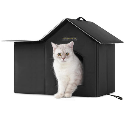 Rest-Eazzzy Outdoor-Katzenhaus, isoliertes Katzenhaus für Wildkatzen mit Matte und Clip, wetterfest und isoliert, Katzenbett für Katzen, Kätzchen und Welpen, weht nicht weg (Schwarz, M 33 x 43 x 51 cm)