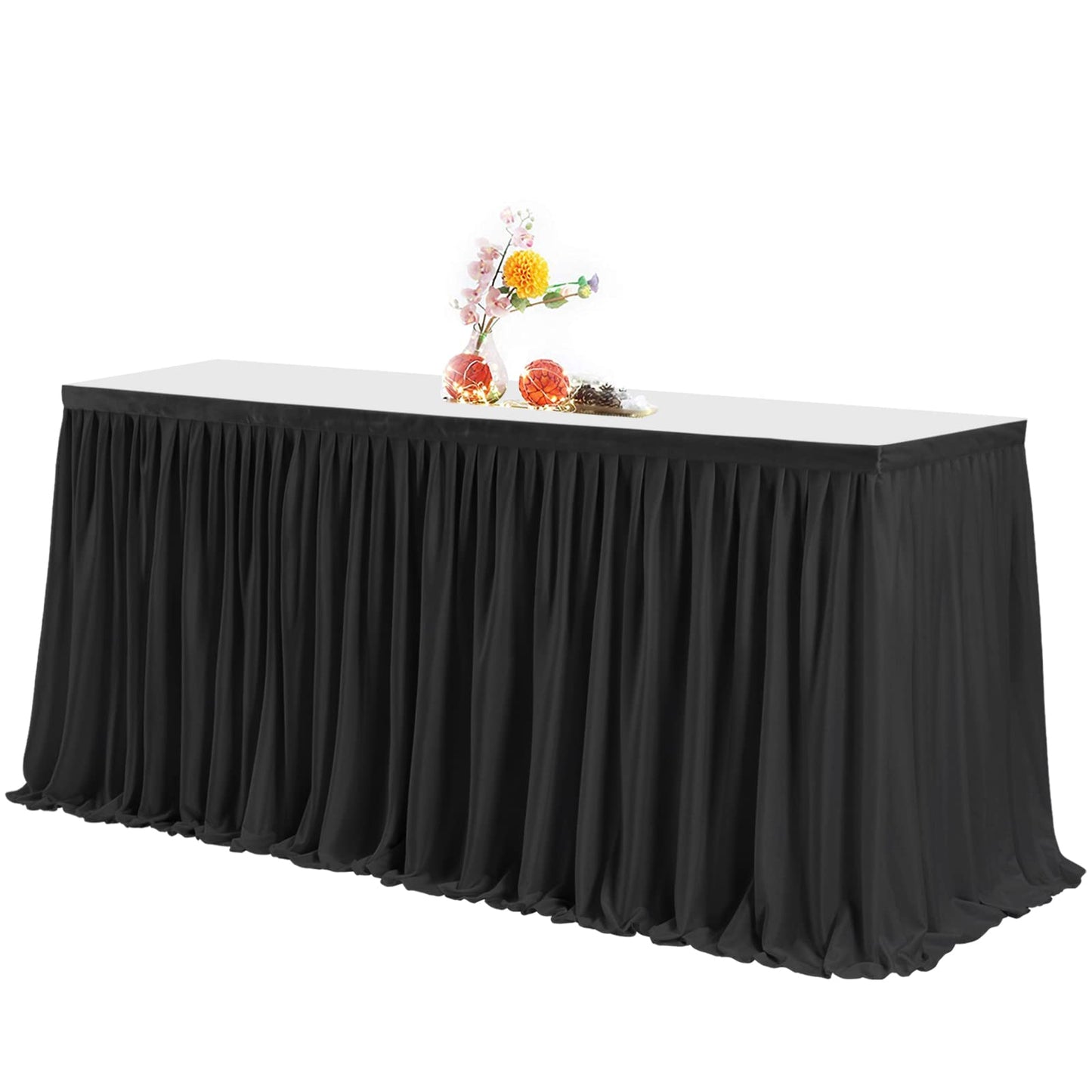 PARTISKY Black Polyester Rectangle Table Skirt, 6ft x 72in, Wrinkle Resistant, Pleated Ruffle, Perfect for Banquet, Wedding, Trade Show, Dining Table