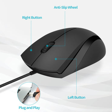 Rapoo Silent Wired Mouse, 1000 DPI, 1,5 m Kabel, leise Tasten, optische Computermaus, für Links- und Rechtshänder, für Laptops, Chromebooks, Macs und Notebooks, Mattschwarz