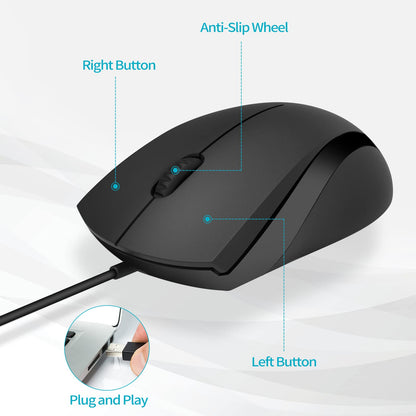 Rapoo Silent Wired Mouse, 1000 DPI, 1,5 m Kabel, leise Tasten, optische Computermaus, für Links- und Rechtshänder, für Laptops, Chromebooks, Macs und Notebooks, Mattschwarz