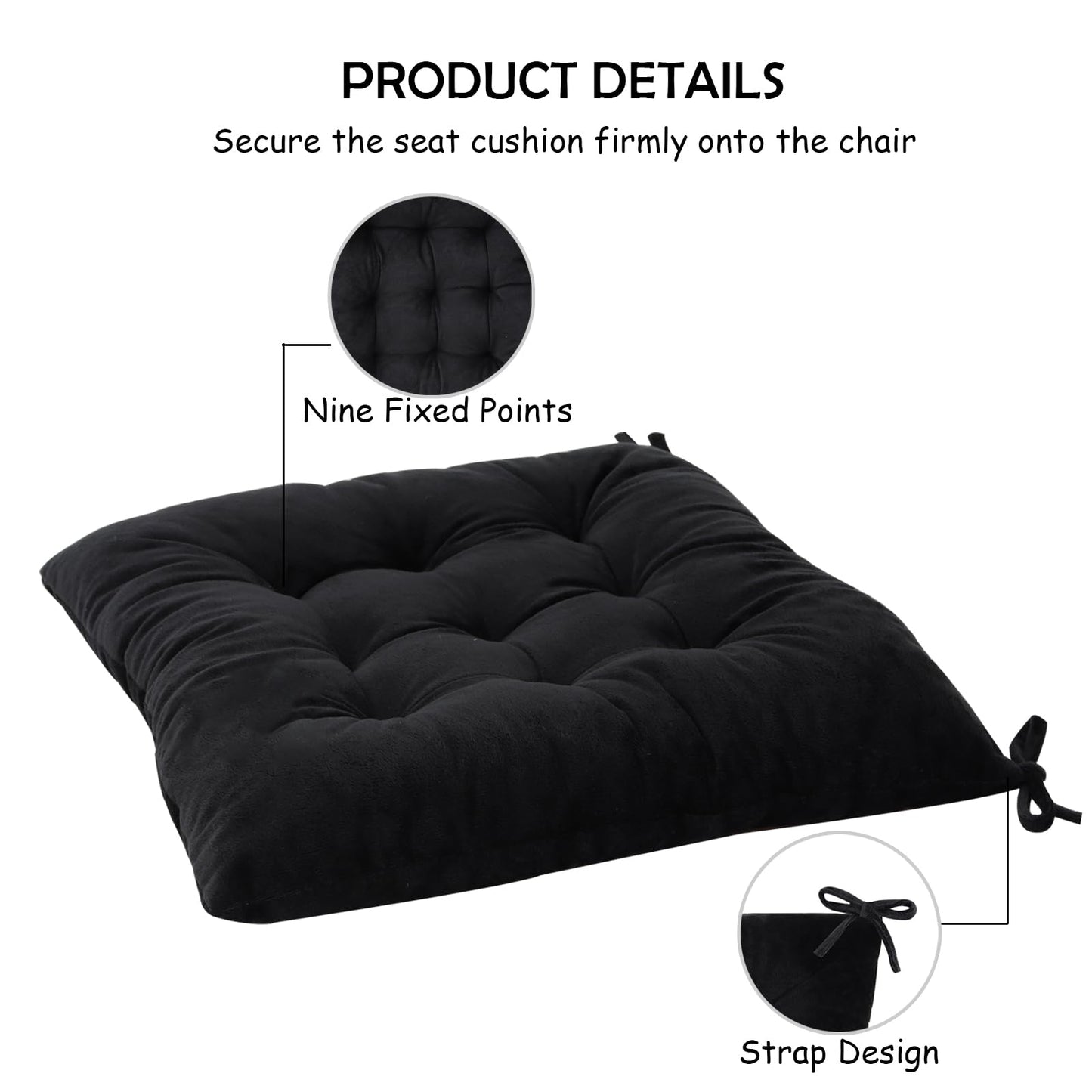 MissSoul 2er-Set Stuhlkissen für Esszimmerstühle mit Bändern, rutschfeste Stuhlkissen für Küche und Esszimmer, auch für Büro, Wohnzimmer und Außenbereich geeignet, 39,4 cm (15,5 Zoll) – Schwarz