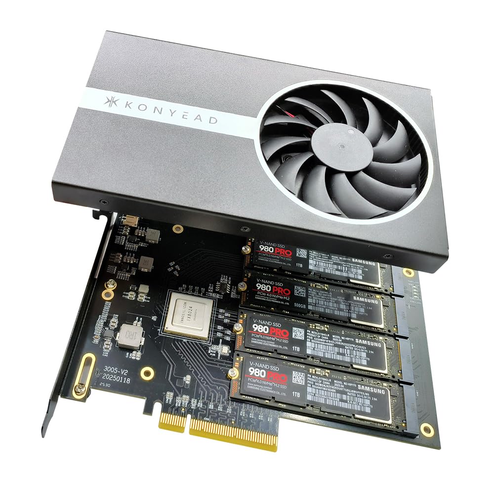 Quad PCIe4.0 NVMe M.2 SSD-Adapterkarte – PCI Express 4.0 x8-Karte unterstützt 4x M.2 NGFF PCIe NVMe SSDs für Mac &amp; PC (IX8024-Switch) – Unterstützt Mainboards ohne Bifurkation (3005K)