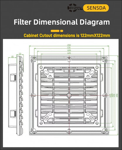 SXDOOL #803 Black 150x150mm Ventilator Filter Kit for Enclosure Cabinets, 120mm x 38mm AC/EC Fan, 115V/230V, Dustproof and Waterproof