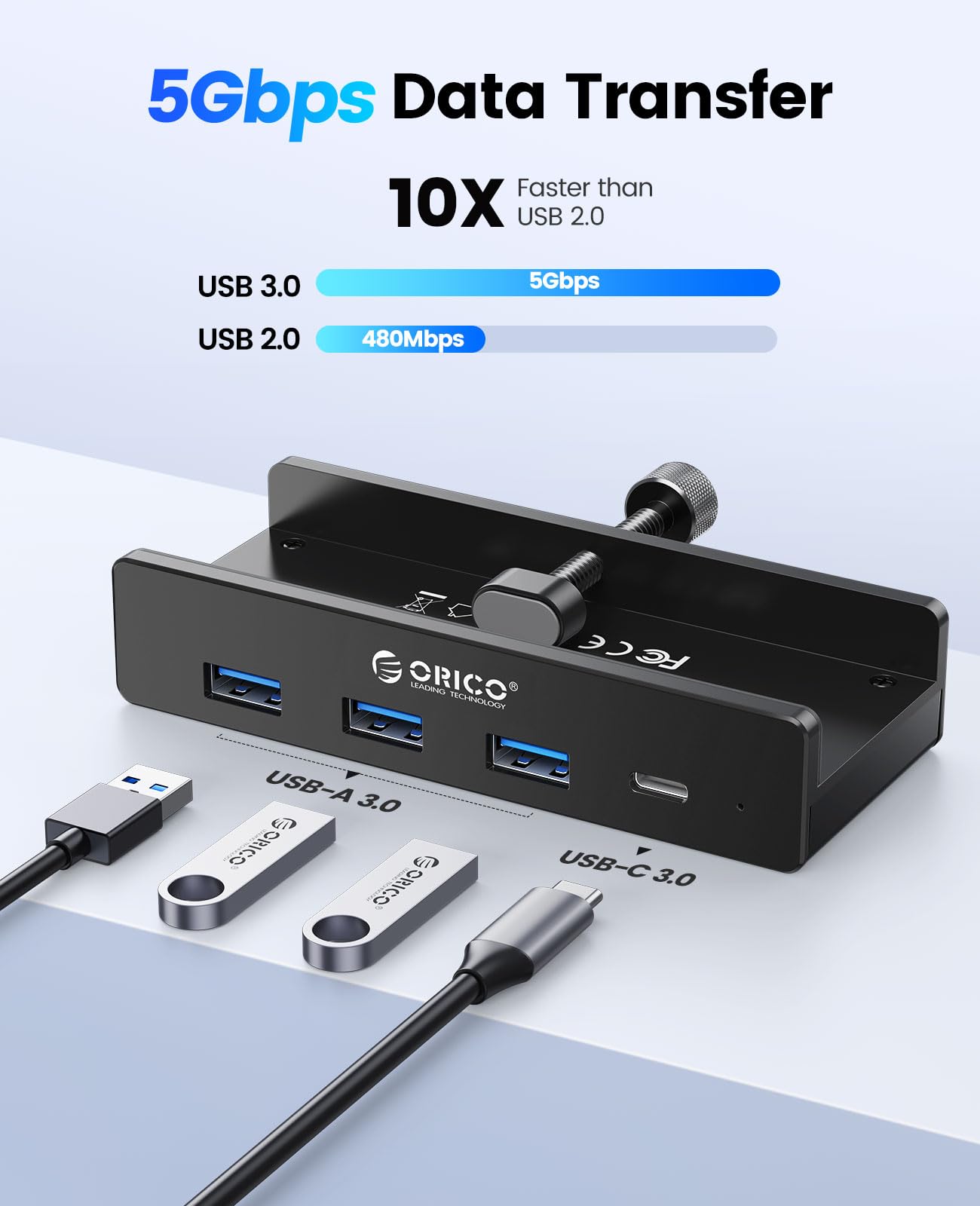 ORICO USB Hub 3.0, Clamp USB Hub with Extra Power Supply Port, Aluminum 4-Port USB Adapter with 3 USB-A Data Ports, USB-C Port for Monitors, Desks (Black)