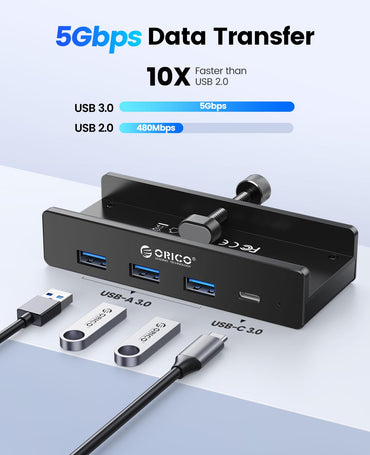 ORICO USB Hub 3.0, Clamp USB Hub with Extra Power Supply Port, Aluminum 4-Port USB Adapter with 3 USB-A Data Ports, USB-C Port for Monitors, Desks (Black)