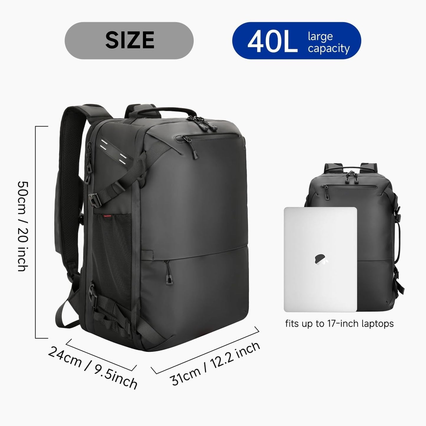 SWICKY Laptop-Reiserucksack (40 l) für Herren, geeignet für 16- und 17-Zoll-Laptops, TSA-konforme Größe für Handgepäck im Flugzeug, ideal für Business, Uni, Arbeit und Büro, große schwarze Computertasche mit Gepäckgurt