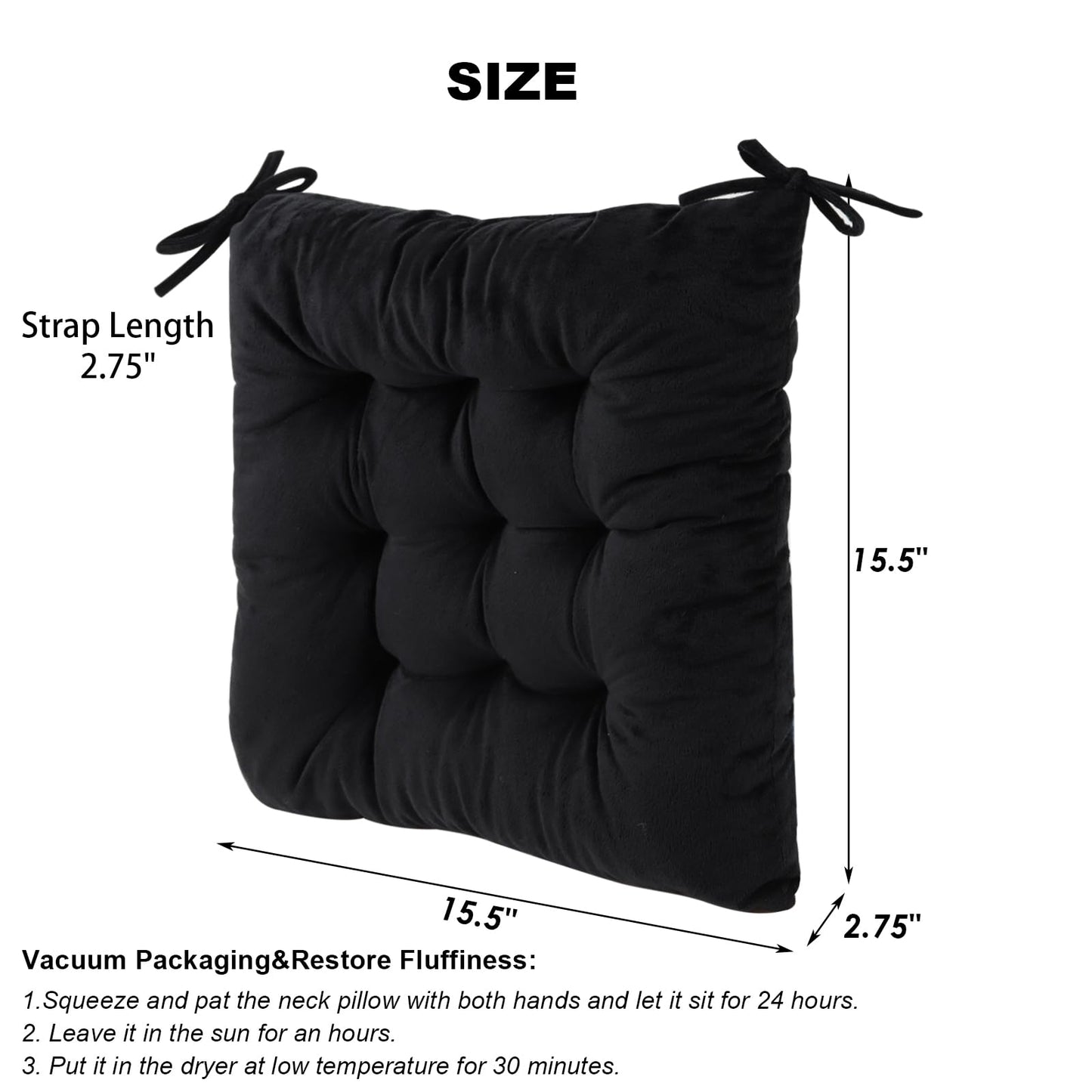 MissSoul 2er-Set Stuhlkissen für Esszimmerstühle mit Bändern, rutschfeste Stuhlkissen für Küche und Esszimmer, auch für Büro, Wohnzimmer und Außenbereich geeignet, 39,4 cm (15,5 Zoll) – Schwarz