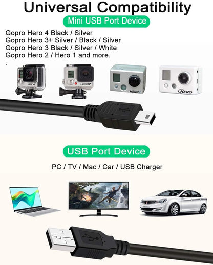 Mini USB Cable for GoPro Hero 4, 3, 2, 1-3ft Camera Data Sync and Charging Cord, USB A to Mini B Fast Charger Cord for Gopro Hero 3+ Silver Black White