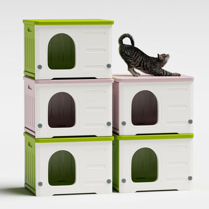 Katzenhaus aus Kunststoff für den Innen- und Außenbereich, stapelbar, wetterfest, wasserdicht, erhöht, Schutz für Wildkatzen, Innenkatzenhaus (Grün)