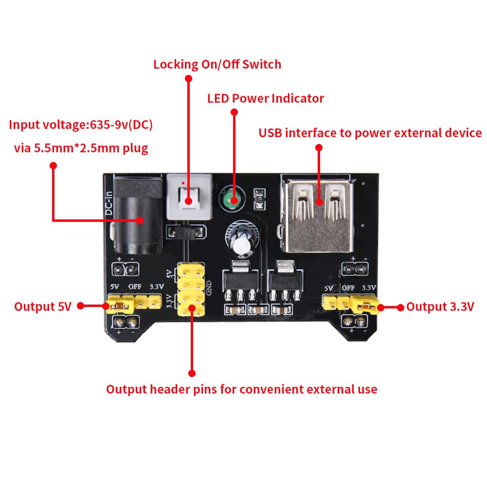 REXQualis Elektronik-Baukasten mit Netzteilmodul, Jumperkabel, Steckbrett mit 830 Steckpunkten, Präzisionspotentiometer und Widerstand. Kompatibel mit Arduino, Raspberry Pi und STM32.