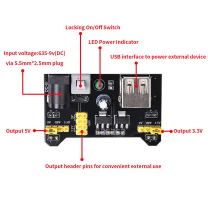 REXQualis Elektronik-Baukasten mit Netzteilmodul, Jumperkabel, Steckbrett mit 830 Steckpunkten, Präzisionspotentiometer und Widerstand. Kompatibel mit Arduino, Raspberry Pi und STM32.