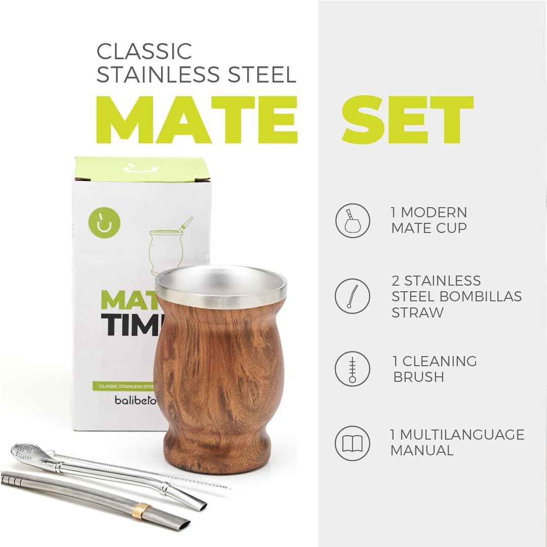 BALIBETOV Edelstahl-Doppelwand-Mate-Becher- und Bombilla-Set – Yerba-Mate-Set beinhaltet einen Yerba-Mate-Becher, 2 Bombillas Mate (Strohhalm) und eine Bürste – leicht zu reinigen (Holz) 