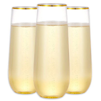 N9R 12PCS Plastic Champagne Flutes, 9 oz Stemless Disposable Gold Rim Toasting Glasses, Crystal Clear Cocktail Cups Drinkware Shatterproof Ideal for Party Wedding Birthday