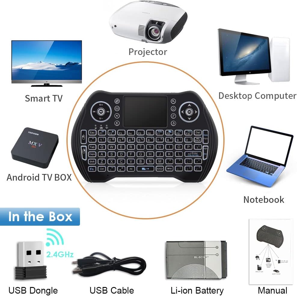 BL Mini Wireless Keyboard Remote Control with Touchpad Mouse Combo, Backlit 2.4GHz Mini Keyboard Wireless USB Dongle Rechargeable Li-ion Battery for Android TV Box Smart TV PC PS3 Windows MacOS X-Box