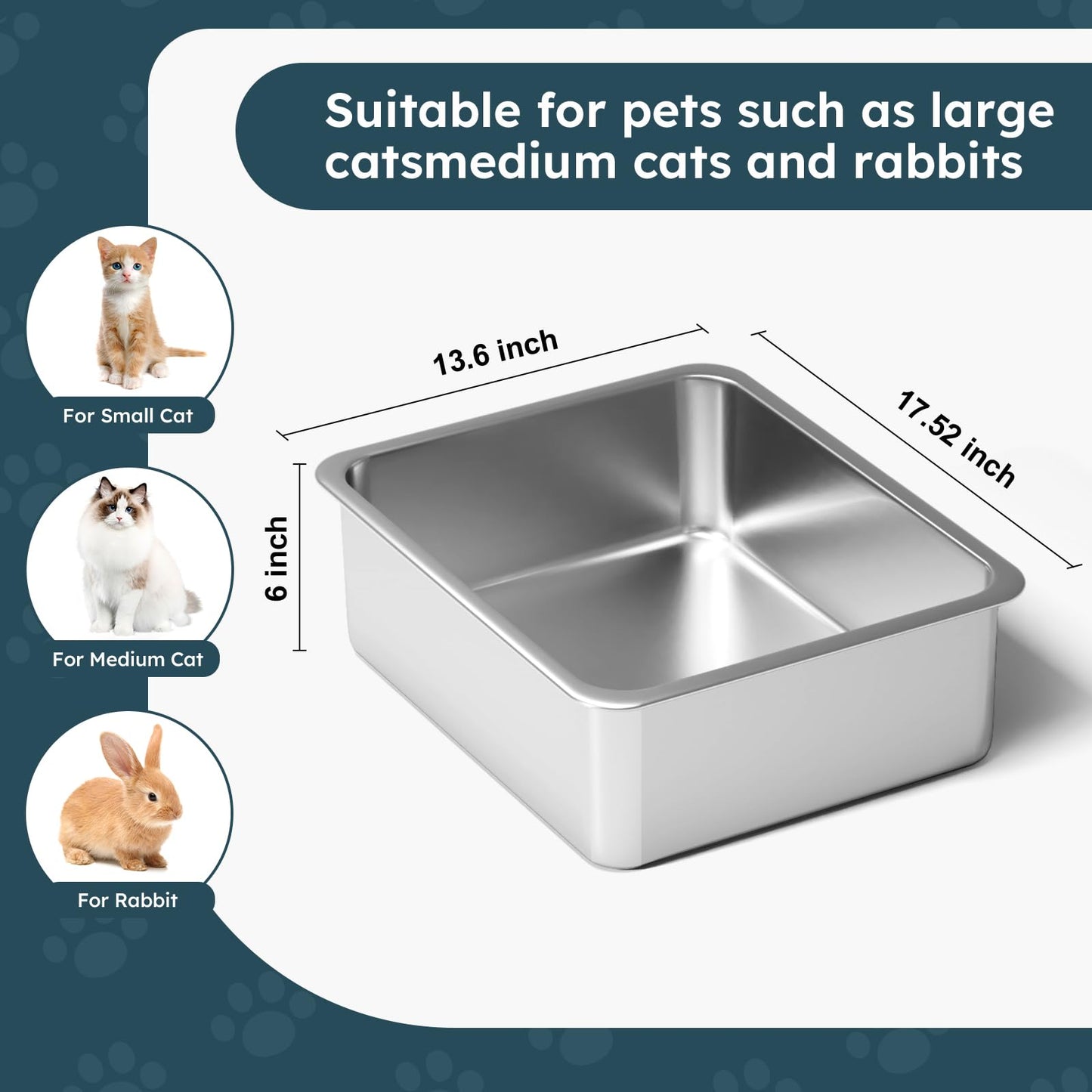 Stainless Steel Cat Litter Box - Metal High-Sided Litter Pan for Cats, Rabbits, and Pets, Non-Stick, Odor-Free, Easy to Clean, Splash-Proof, Sturdy and Durable Indoor Cat Toilet Supplies