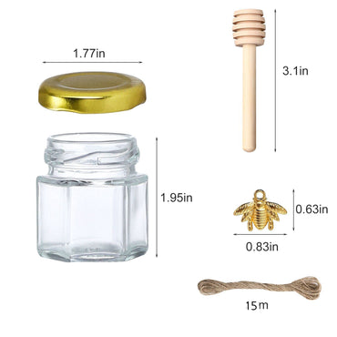 XING-RUIYANG 1.5 oz Hexagon Mini Glass Honey Jars -30Pack Honey Jars with Wood Dipper, Gold Lid, Bee Pendants, Jutes - Perfect for Baby Shower, Wedding Favors, Party Favors