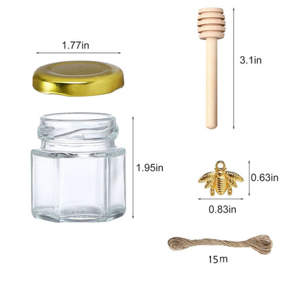 XING-RUIYANG 1.5 oz Hexagon Mini Glass Honey Jars -30Pack Honey Jars with Wood Dipper, Gold Lid, Bee Pendants, Jutes - Perfect for Baby Shower, Wedding Favors, Party Favors