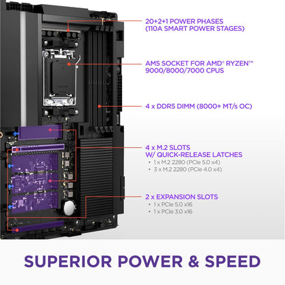 NZXT N9 X870E - AMD X870E AM5 ATX Gaming Motherboard for Ryzen 9000/8000/7000-20+2+1, DDR5, 4X M.2, PCIe 5.0, Wi-Fi 7, 5GbE, USB 4 - Full-Metal Cover, M.2 Quick-Release Latches - Black
