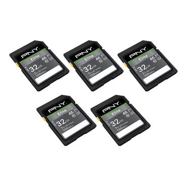 PNY 32GB Elite Class 10 U1 V10 SDHC Flash-Speicherkarte - 100MB/s Lesegeschwindigkeit, Klasse 10, U1 Full HD, UHS-I, SD-Standardgröße (5er-Pack)