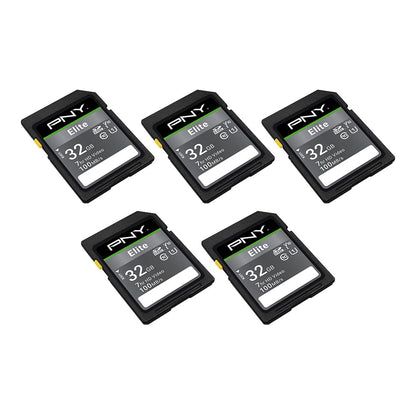 PNY 32GB Elite Class 10 U1 V10 SDHC Flash-Speicherkarte - 100MB/s Lesegeschwindigkeit, Klasse 10, U1 Full HD, UHS-I, SD-Standardgröße (5er-Pack)