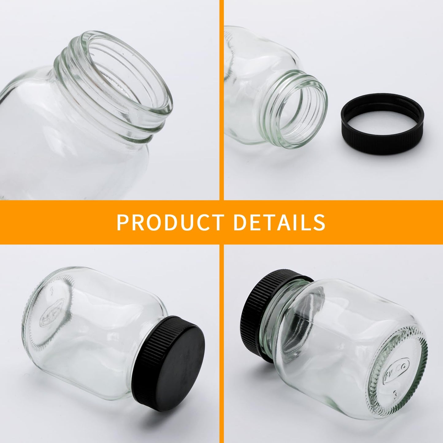 QAPPDA 2oz Mason Jars Set mit 48 Gläsern, Gewürzgläser aus Glas mit schwarzen Deckeln, kleine Mason-Saftflaschen für Ingwer-Shots, Honig, Marmelade, Gastgeschenke